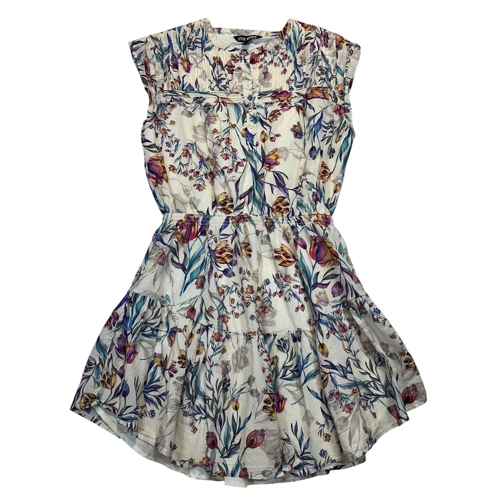 Steve Madden Floral Mini Dress Womens Small Smocked Waist Tiered Cotton Spring‎